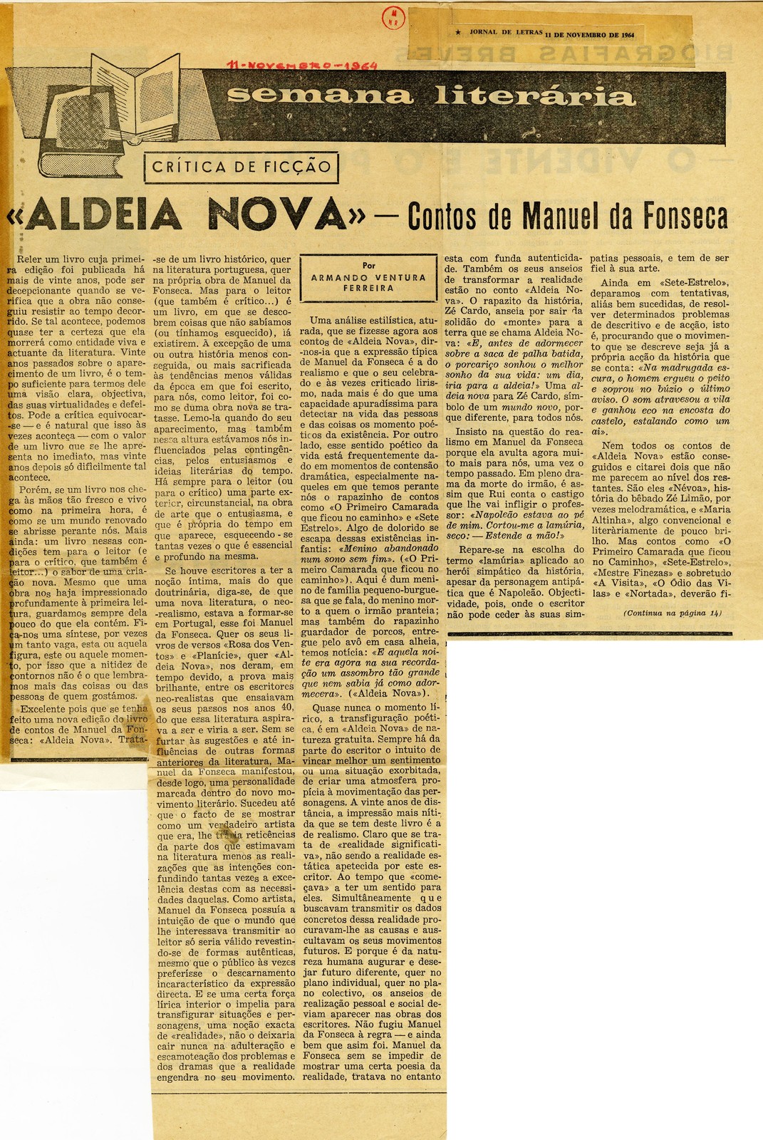 '«Aldeia nova» - Contos de Manuel da Fonseca', por Armando Ventura Ferreira.  In “Jornal de letra...