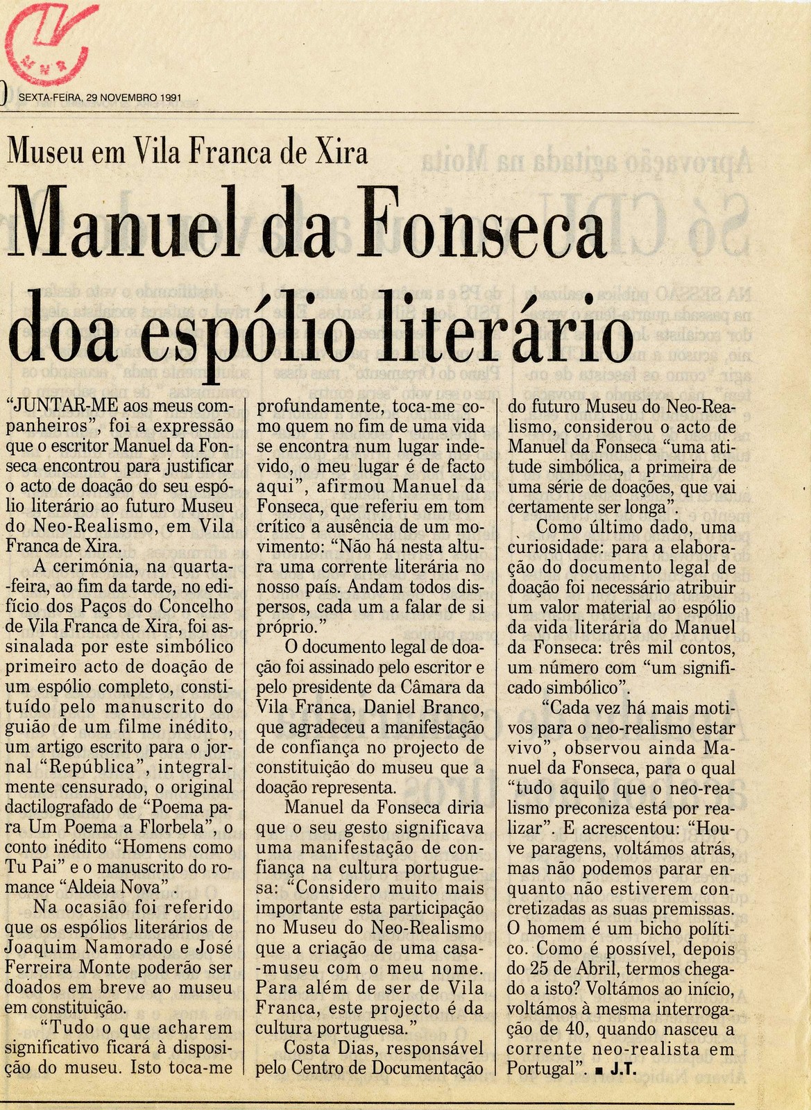 'Manuel da Fonseca doa espólio literário', por J. T. [Jorge Talixa] In 'Público', 29 novembro 199...
