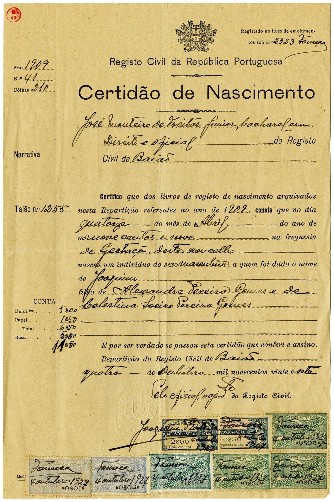 Certidão de nascimento, Registo Civil da República Portuguesa - Repartição do Registo Civil de Ba...