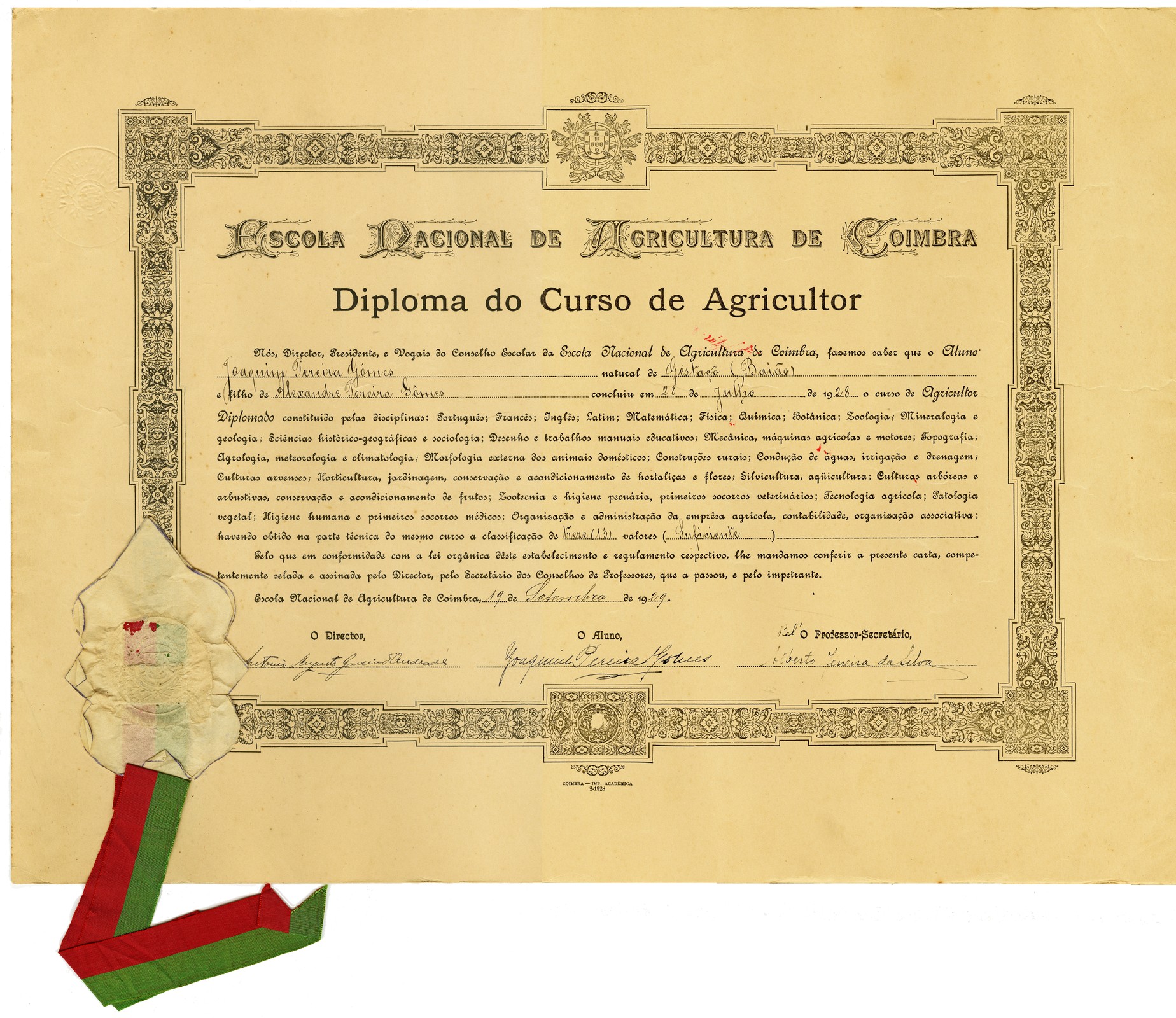 Diploma do Curso de Agricultor, Escola Nacional de Agricultura de Coimbra. Coimbra: E. N. A. de C...