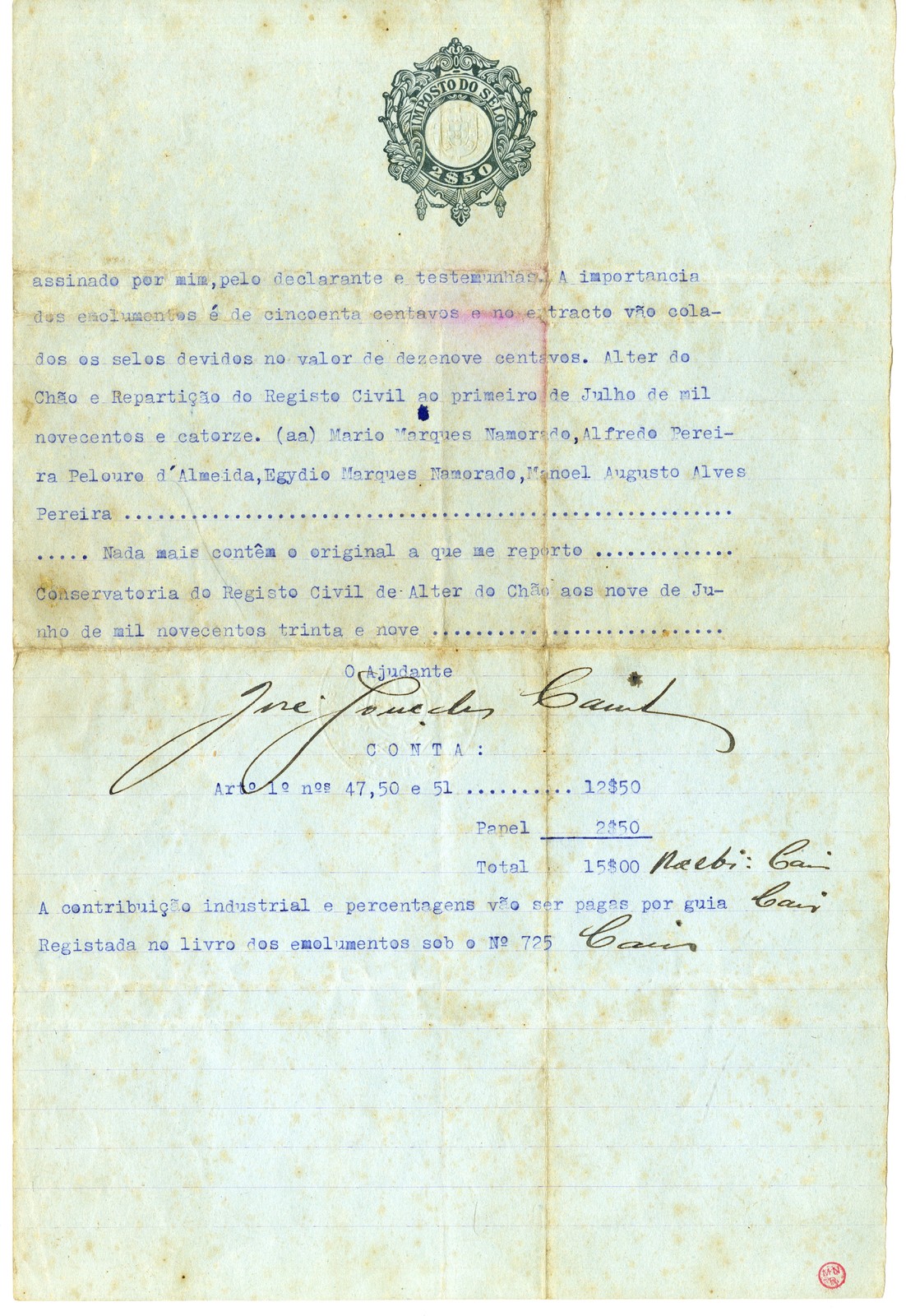 Certidão de nascimento de Joaquim Vitorino Namorado, registo n.º 191 por República Portuguesa, Al...