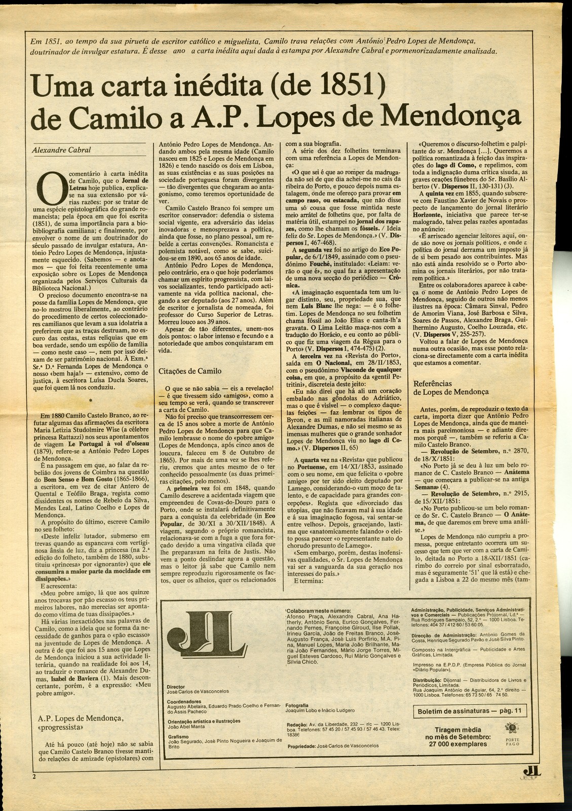 Uma carta inédita (de 1851) de Camilo a A. P. Lopes de Mendonça, por Alexandre Cabral. In Jornal ...