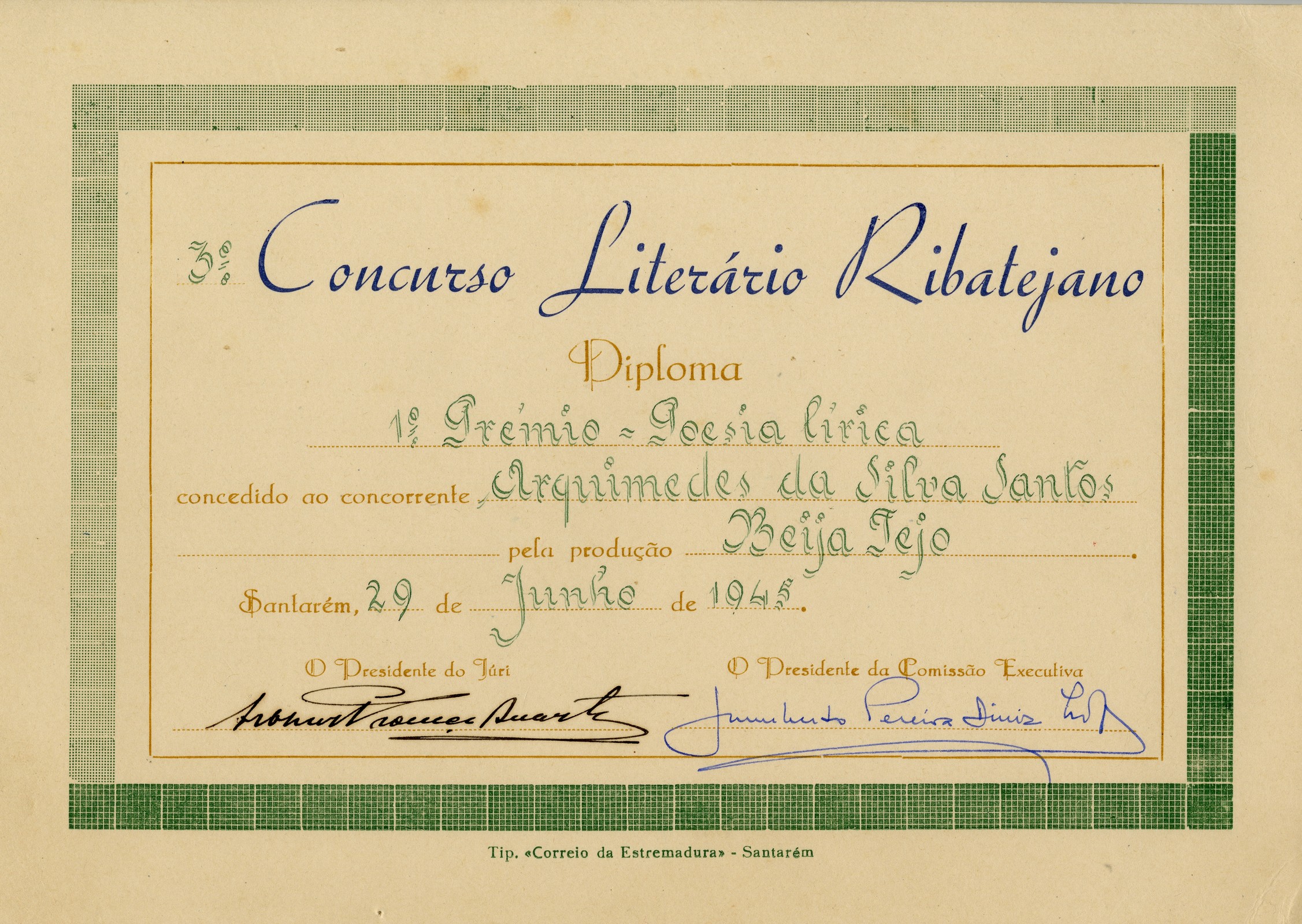 3º Concurso Literário Ribatejano. Santarém, 29 de junho de 1945, Diploma: 1º Prémio - Poesia Lírica
