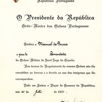 Diploma do grau de Comendador da Ordem Militar de Sant'Iago da Espada, conferida a Manuel da Fonseca, 26 outubro 1983