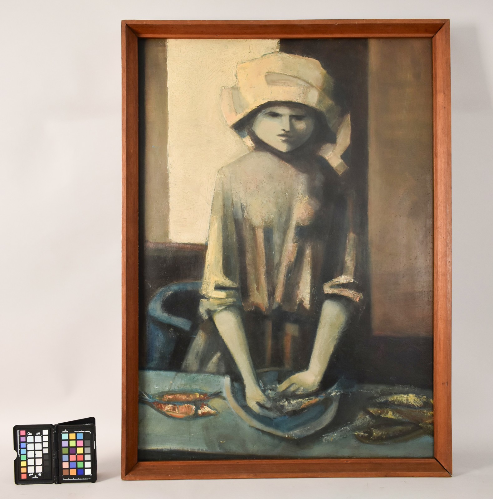 1 Mulher arranjando peixe, 1957, óleo sobre aglomerado de madeira, 967 x 698 x 55 (mm). Após o re...