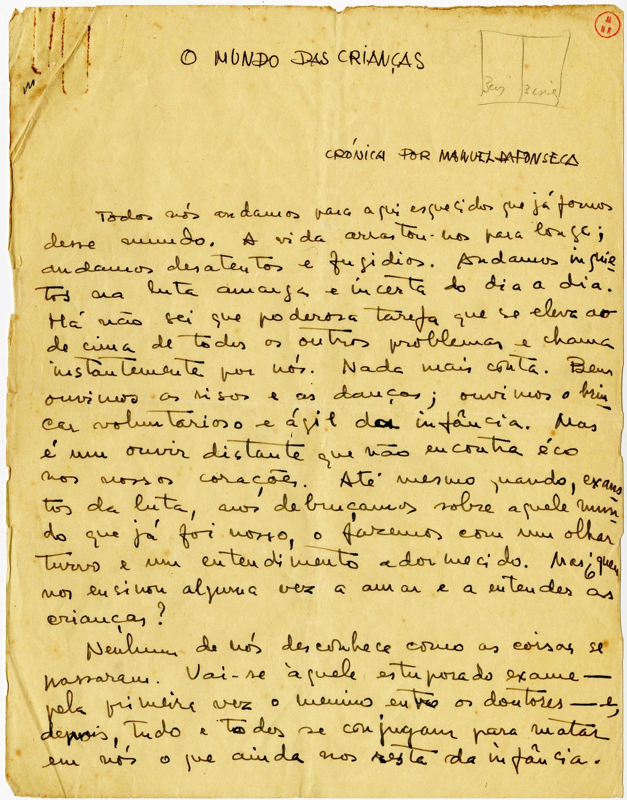 'O mundo das crianças : crónica', de Manuel da Fonseca. Original manuscrito com emendas, anterior...