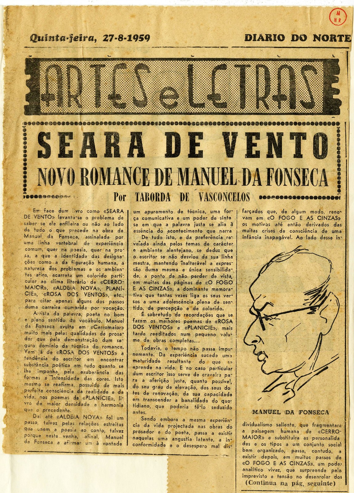 'Seara de vento : Novo romance de Manuel da Fonseca', por Taborda de Vasconcelos. In 'Diário do N...