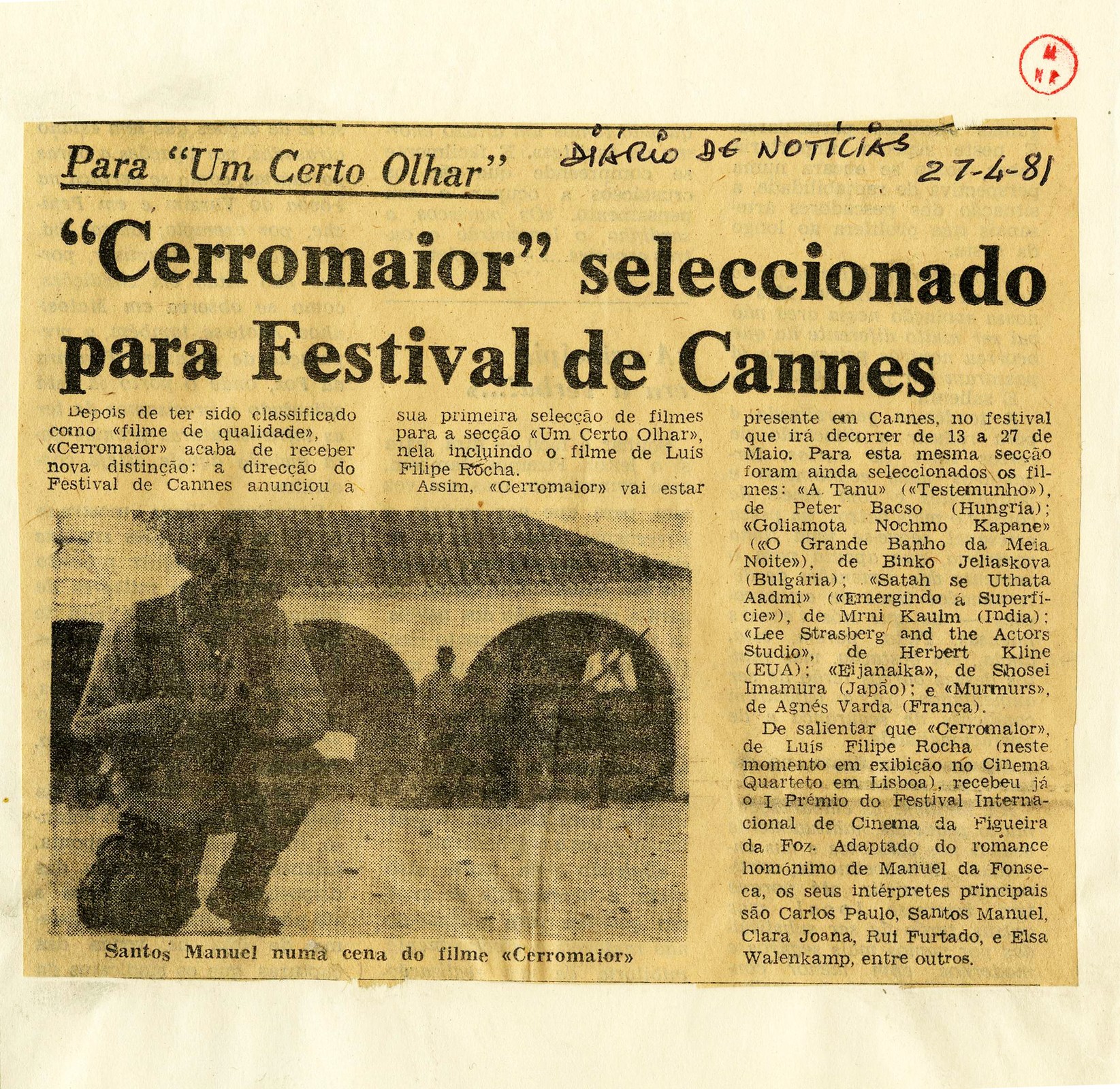 '«Cerromaior» seleccionado para Festival de Cannes'.  In 'Diário de Notícias', 27 Abril 1981