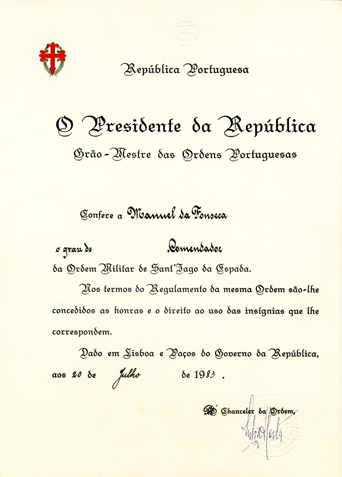 Diploma do grau de Comendador da Ordem Militar de Sant'Iago da Espada, conferida a Manuel da Fons...