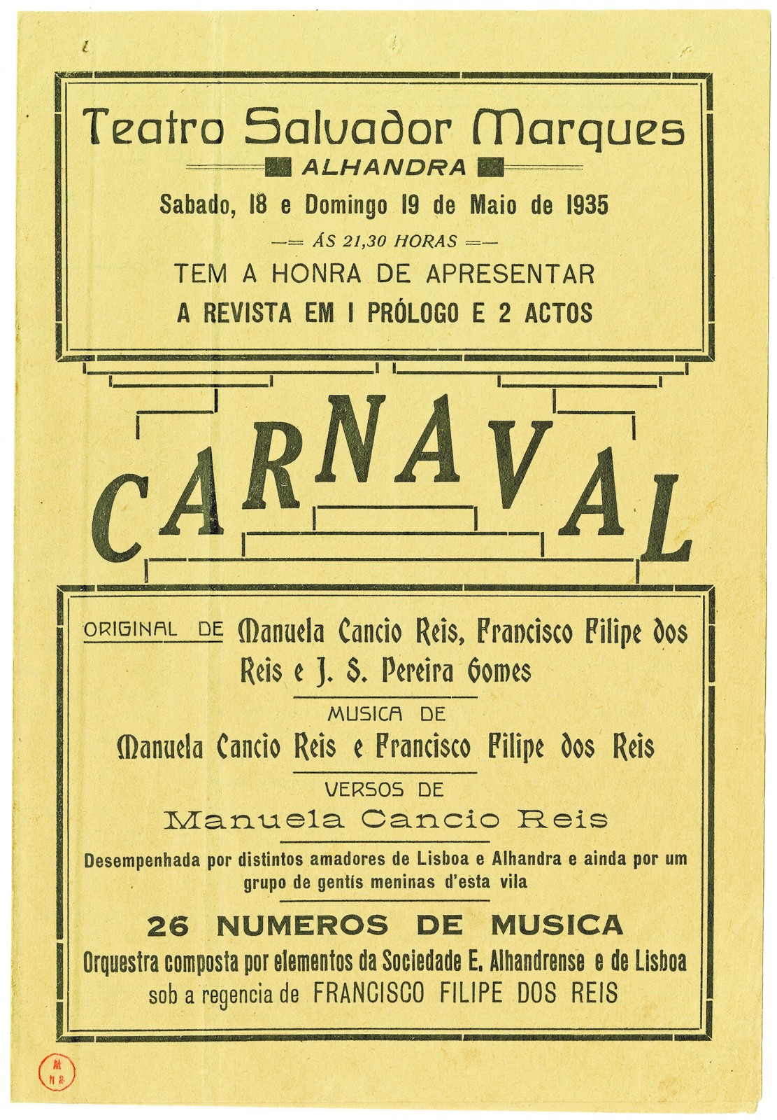 Folheto da peça 'Carnaval', por Manuela Câncio Reis, Francisco Filipe dos Reis e Joaquim Soeiro P...