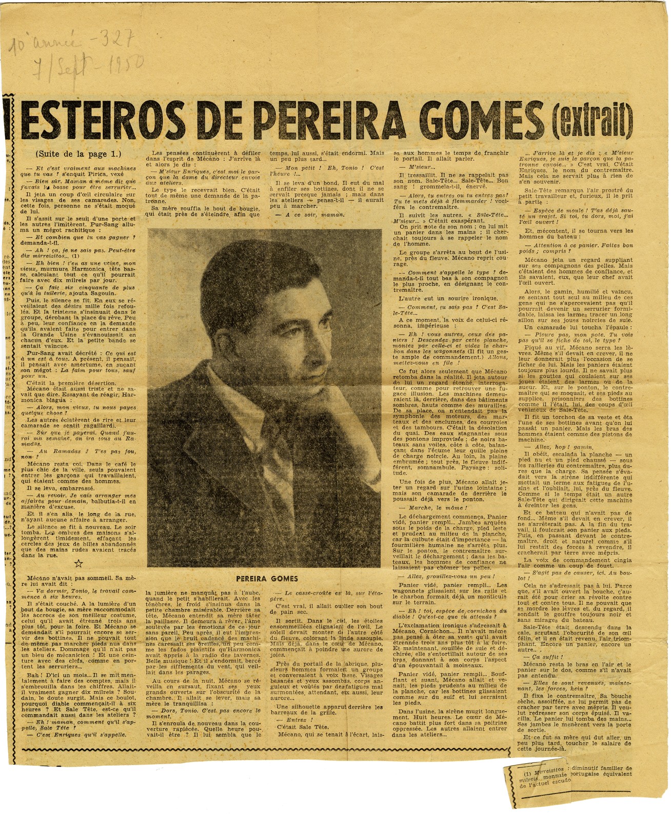 'Esteiros de Soeiro Pereira Gomes (extrait)', por Violante do Canto, in Lettres Françaises, ano 1...
