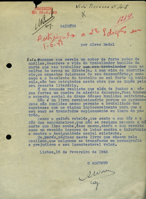 Relatório nº 1214 dos Serviços de Censura de 12 de fevereiro de 1940, relativo ao livro 'Gaibéus'...