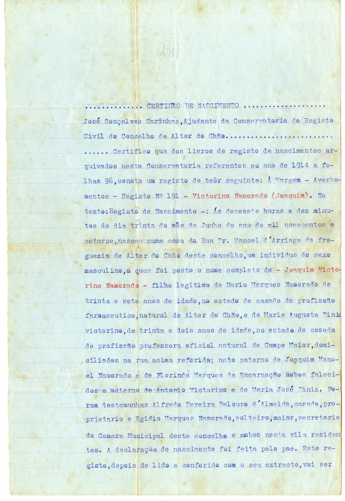 Certidão de nascimento de Joaquim Vitorino Namorado, registo n.º 191 por República Portuguesa, Al...