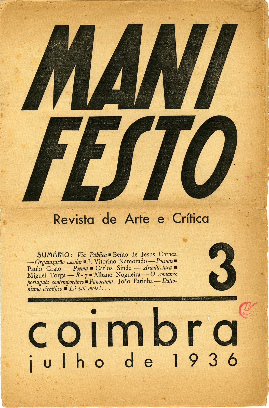 'Lenda' e 'Calmaria', por Joaquim Namorado. In Manifesto: Revista de Arte e Crítica, n.º 3 (jul. ...