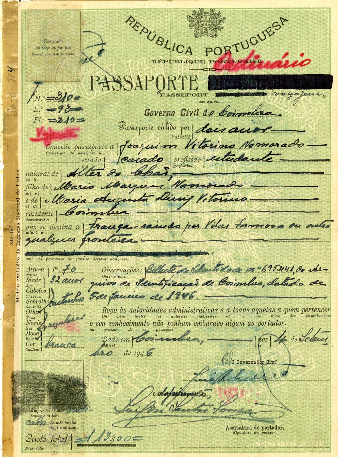 Passaporte ordinário n.º 310 de Joaquim Namorado, República Portuguesa, Governo Civil de Coimbra,...