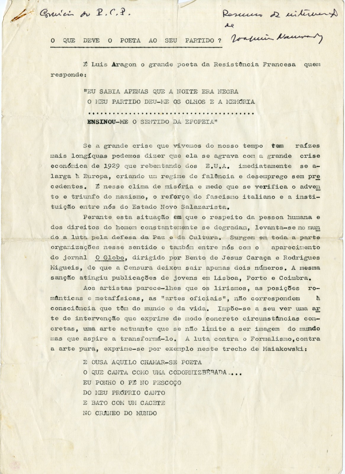 'O que deve o poeta ao seu partido?' por Joaquim Namorado, cerca de 1974.