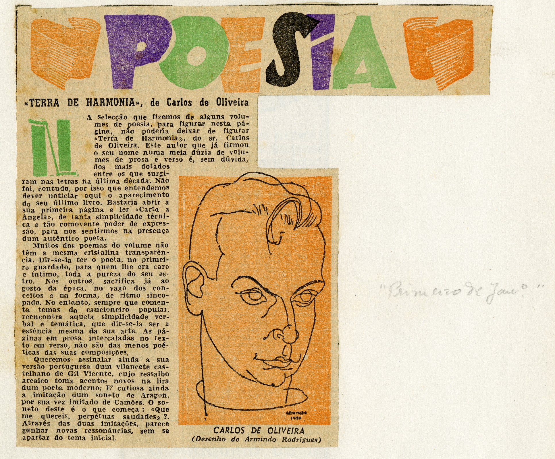 'Terra de Harmonia', de Carlos de Oliveira. In: Primeiro de Janeiro [S. d.]  Ilustração do artigo...