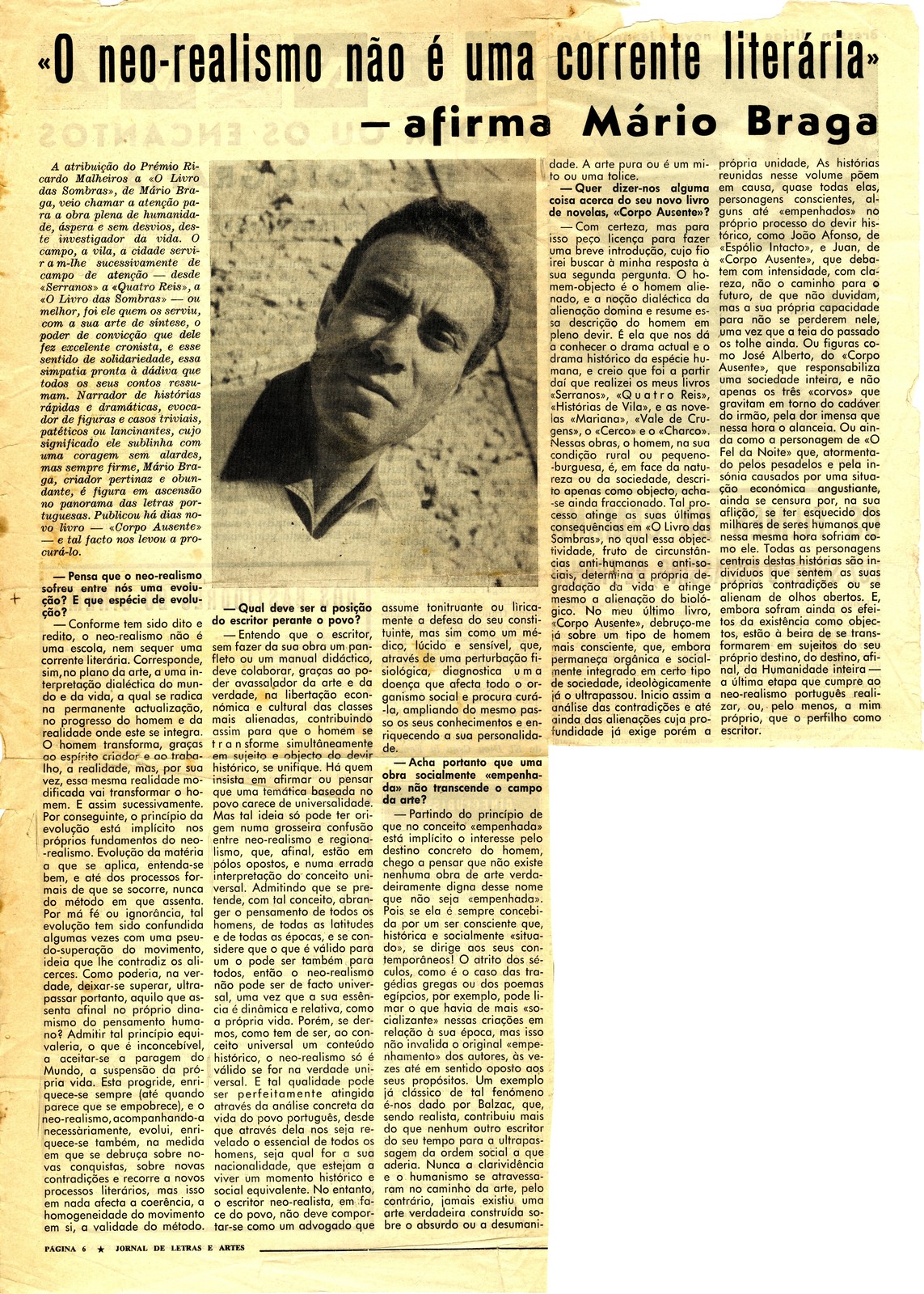 'O neo-realismo não é uma corrente literária' - afirma Mário Braga. In Jornal de Letras e Artes, ...
